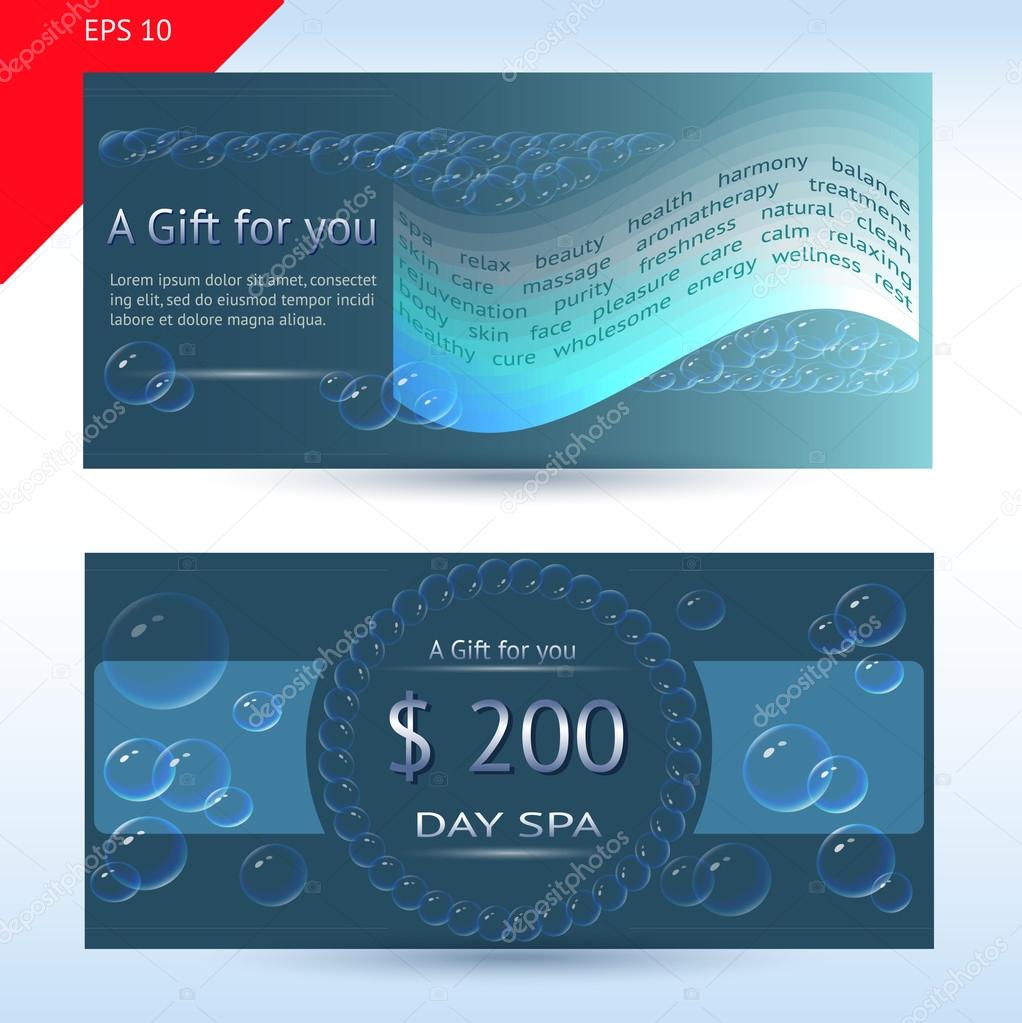 Gift certificate SPA template with bubbles and spa theme words Within Spa Day Gift Certificate Template