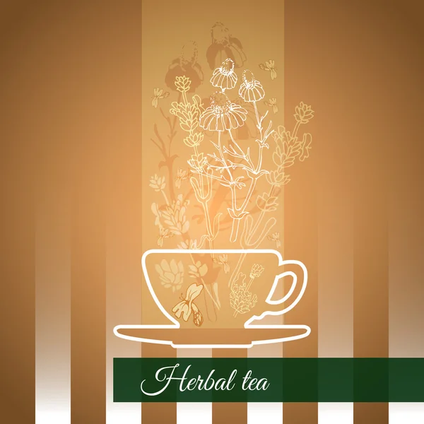 Ilustración tema de té de hierbas con taza de silueta, flores y hojas . — Vector de stock