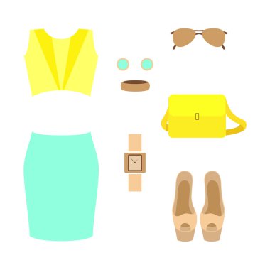 Trendy kadın giyim etek, üst ve aksesuarları ile kümesi