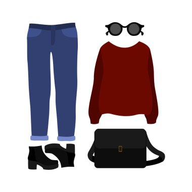 Pullover, kot pantolon ve aksesuar ile trendy kadın giysileri seti