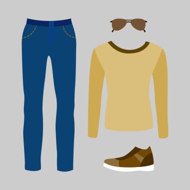 Kot pantolon, pullover ve aksesuarları ile trendy erkek giysileri Seti