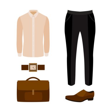 Siyah pantolon, gömlek ve aksesuar ile trendy erkek giysileri seti