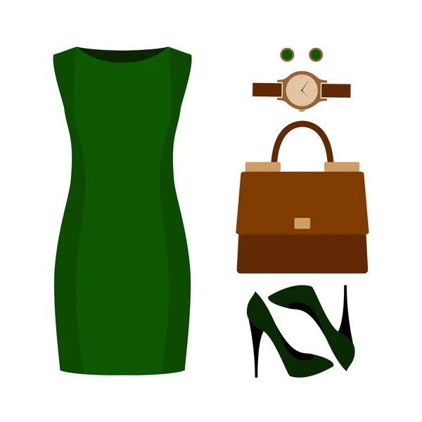 Conjunto de ropa de mujer de moda con vestido verde y accesorios — Vector de stock