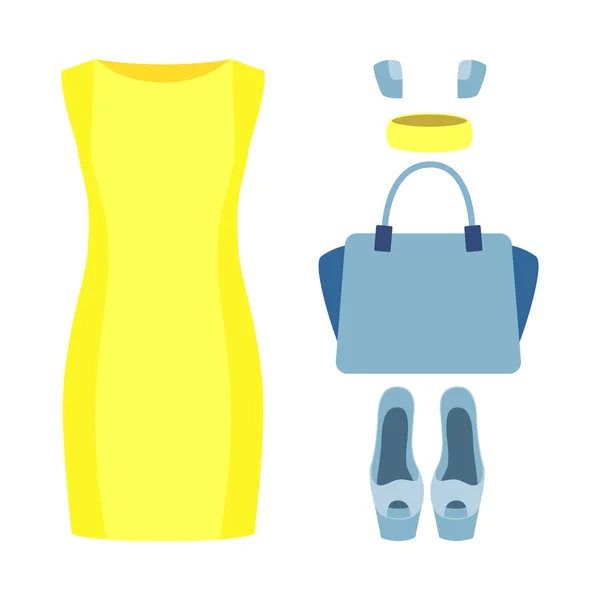 Zestaw ubrań dla modnych kobiet z żółtą sukienkę i akcesoria — Wektor stockowy