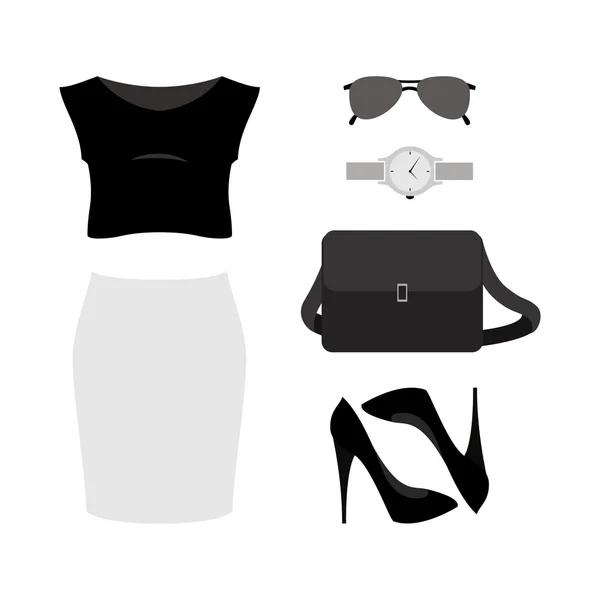 Ensemble de vêtements pour femmes tendance avec jupe, haut, pompe et accessoire — Image vectorielle