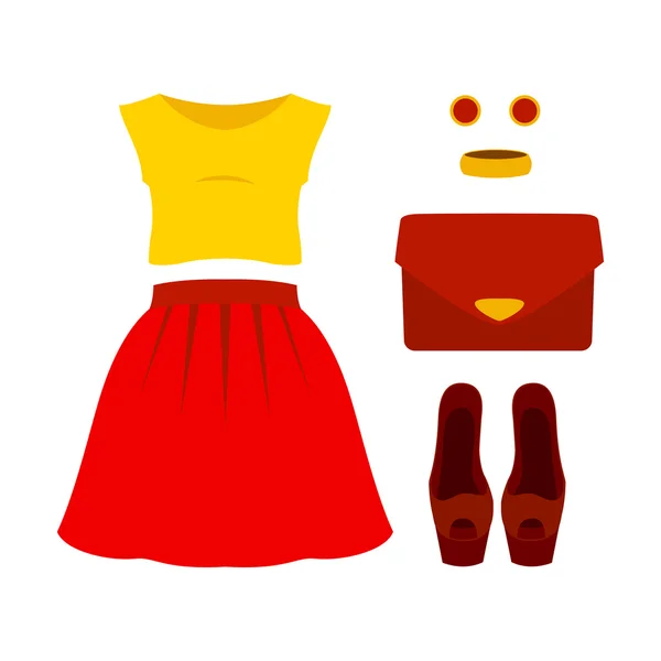 Conjunto de roupas femininas da moda com saia vermelha, top amarelo e acc —  Vetores de Stock
