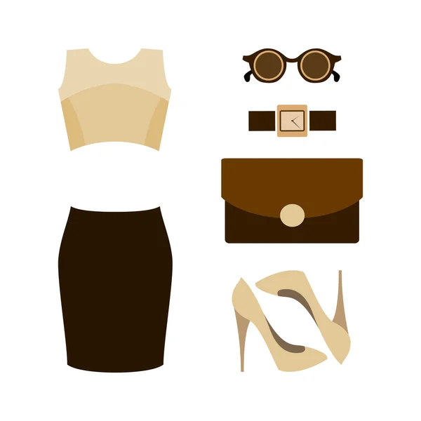 Conjunto de ropa de mujer de moda con falda, top y accesorios — Vector de stock