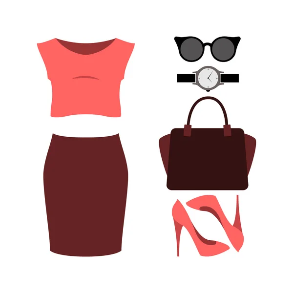 Set of trendy women's clothes with red skirt, top and accessorie — Stock Vector