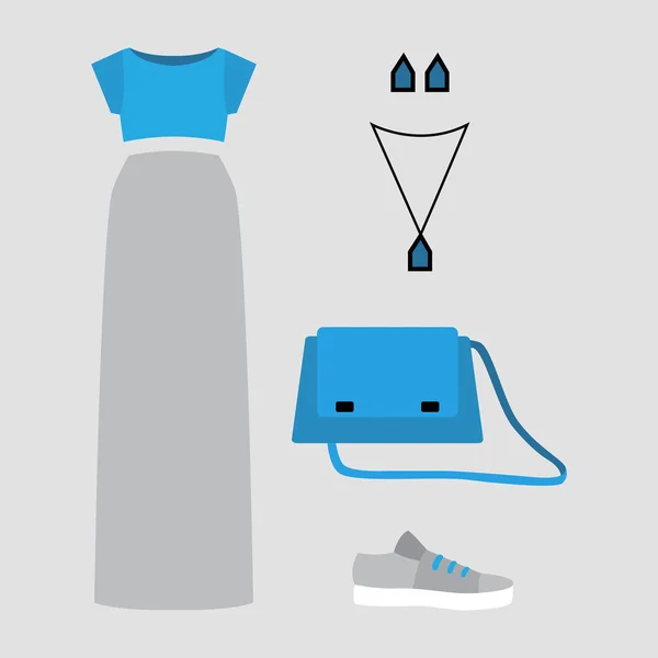 회색 치마, 블루 탑 및 접속 유행 여자 옷의 집합 — 스톡 벡터