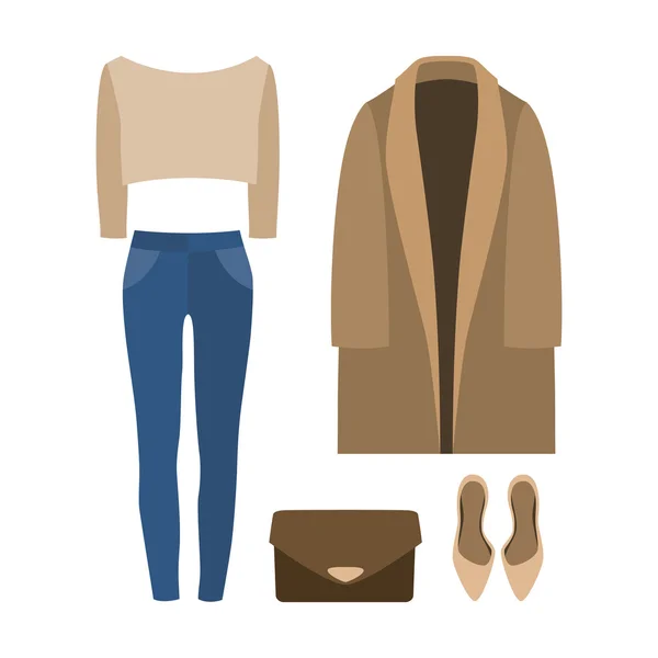 Conjunto de roupas femininas da moda com casaco, pulôver, jeans e acc — Vetor de Stock