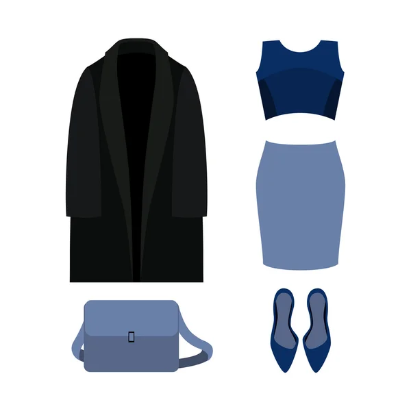 Conjunto de roupas femininas da moda com casaco preto, vestido azul e ac —  Vetores de Stock