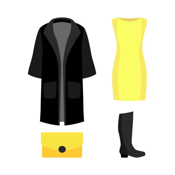 Set of trendy women's clothes with black coat, yellow dress and — Stock Vector