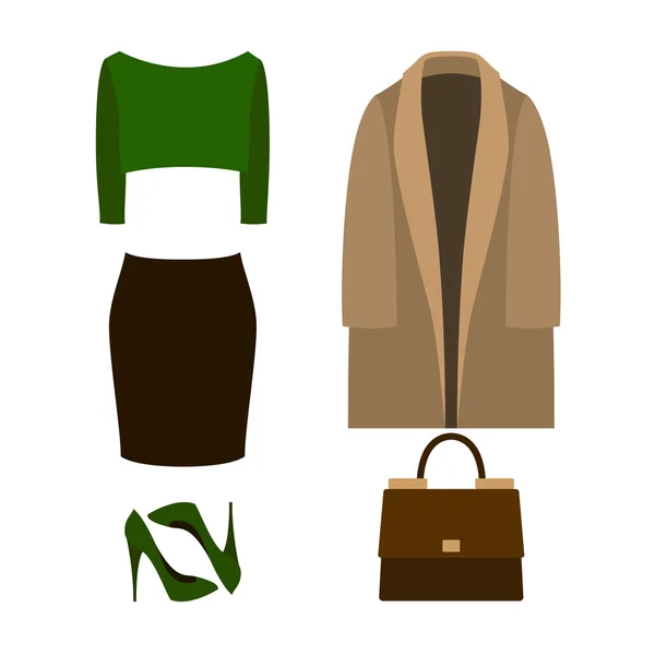 Ensemble de vêtements pour femmes tendance avec manteau, pull, jupe et acc — Image vectorielle