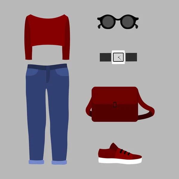 Set trendiger Damenkleidung mit rotem Pullover, Jeans und Accessoires — Stockvektor