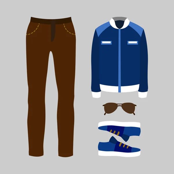 Conjunto de ropa de hombre de moda con pantalones, chaqueta y accesorios — Vector de stock