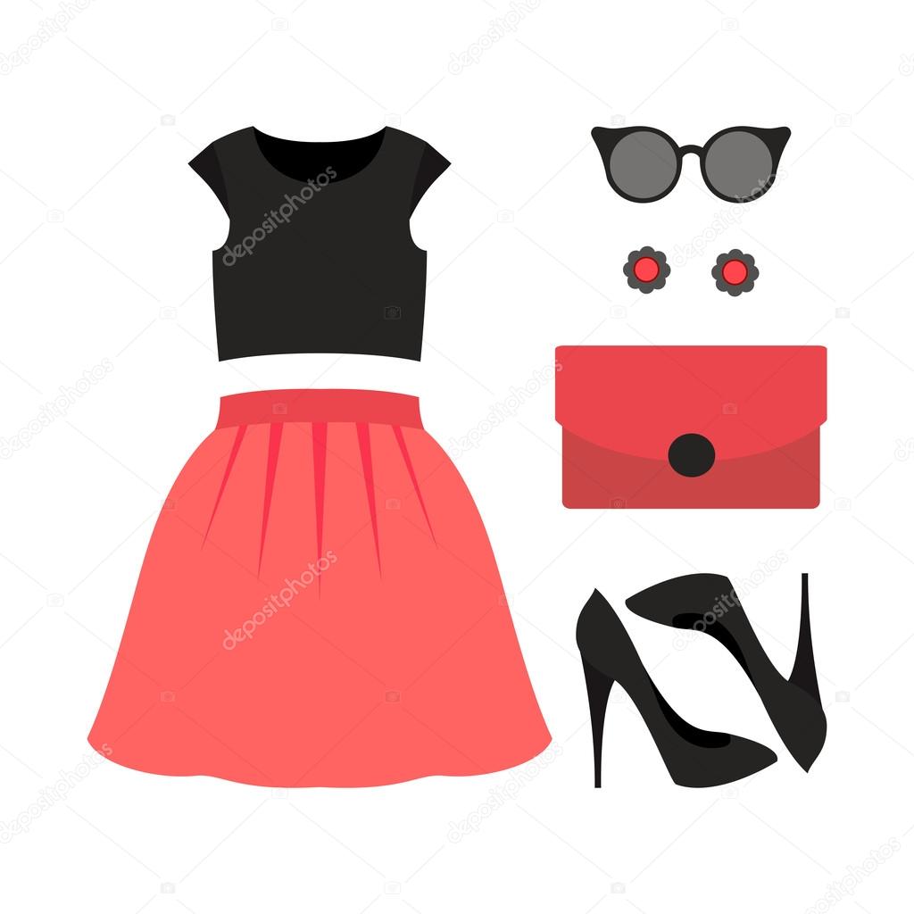 Set of trendy women's clothes with skirt, top and accessories