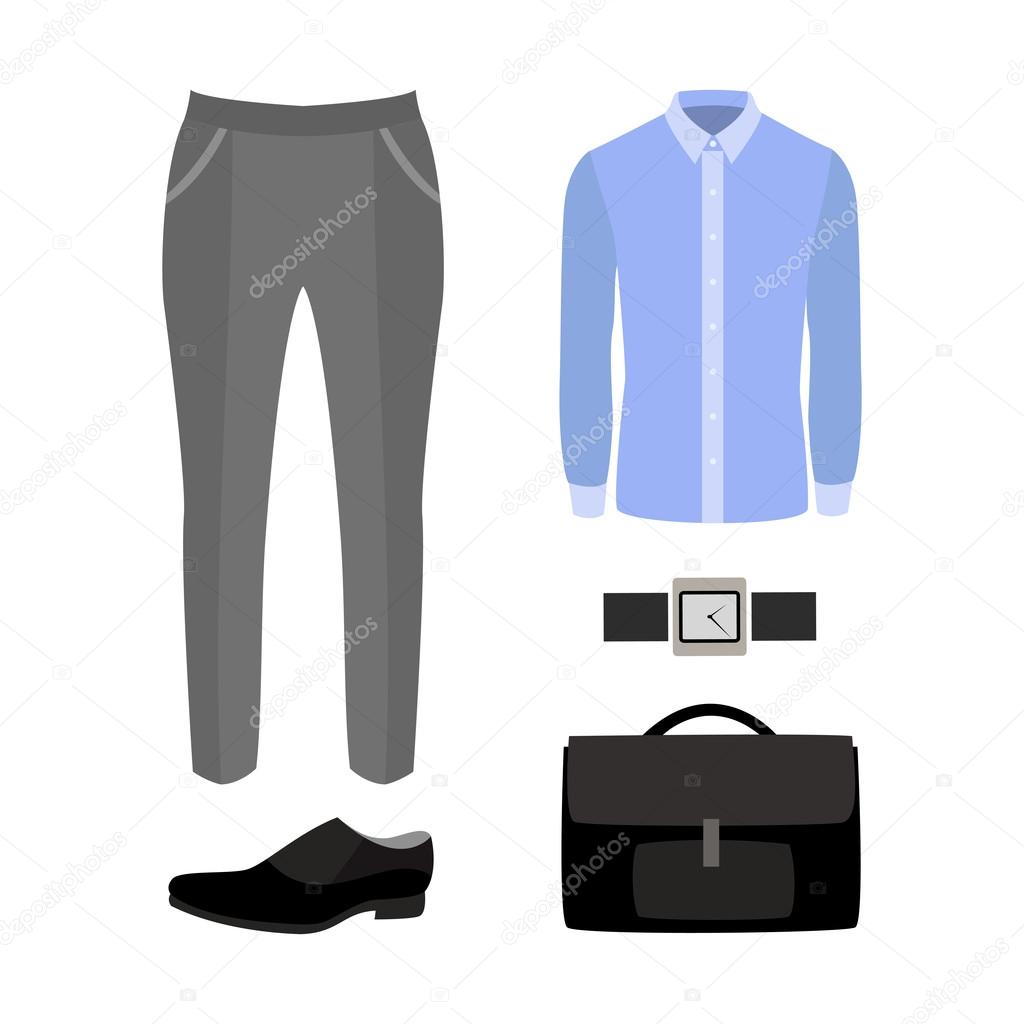 Set of trendy men's clothes with pants, shirt and accessories