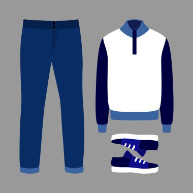 Kot pantolon, pullover ve spor ayakkabı ile trendy erkek giysileri seti