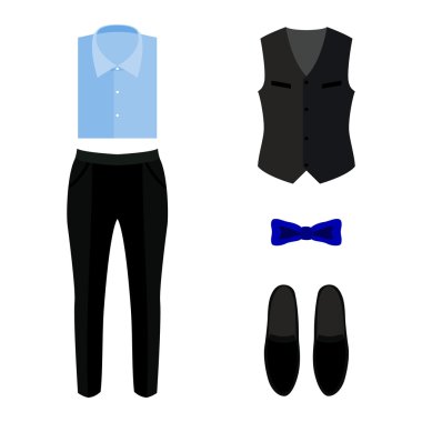 Pantolon, yelek, gömlek ve aksesuar ile trendy erkek giysileri seti