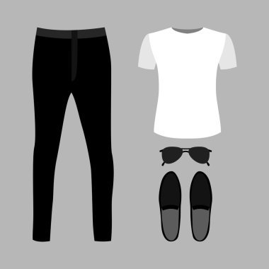 Pantolon, t-shirt ve aksesuarları ile trendy erkek giysileri seti