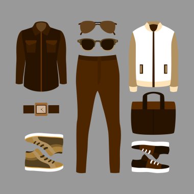 Kahverengi moda erkek giysileri ve aksesuarları seti. Erkekler koğuş