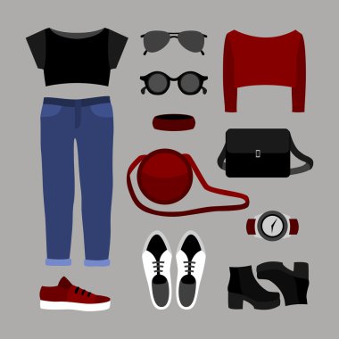 Kot pantolon, üst, pullover ve acc ile trendy kadın giysileri Seti