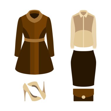 Paltolu, bluzlu modaya uygun kadın kıyafetleri seti; etek ve acce