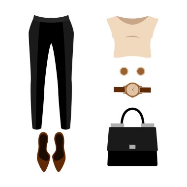 Pantolonlu modaya uygun kadın kıyafetleri seti; bluz ve aksesuar
