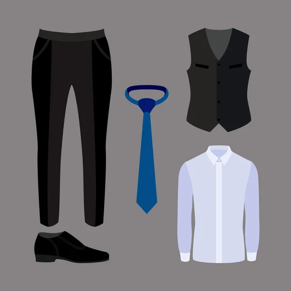 Комплект модной мужской одежды с брюками, рубашкой, жилетом и аксессуарами — стоковый вектор
