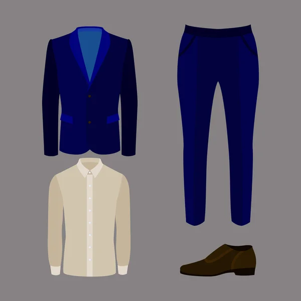 Conjunto de ropa de hombre de moda con pantalones, chaqueta, camisa y zapatos — Archivo Imágenes Vectoriales