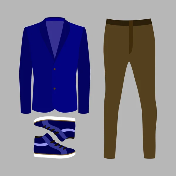 Conjunto de ropa de hombre de moda con pantalones marrones, chaqueta azul y sn — Archivo Imágenes Vectoriales