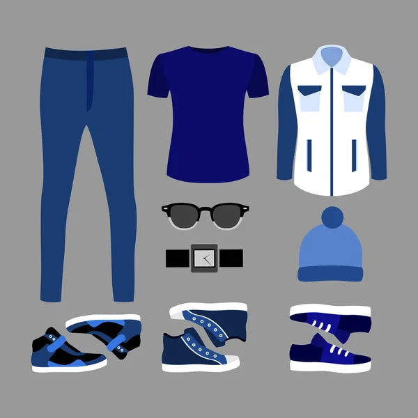 Σετ από μοντέρνα Ανδρικά μπλε ρούχα και αξεσουάρ. Ανδρική γκαρνταρόμπα — Διανυσματικό Αρχείο