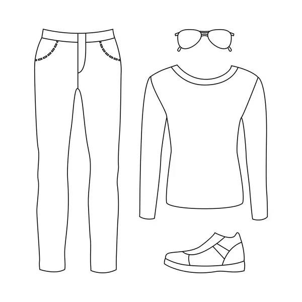 Conjunto de roupas masculinas de moda esboço com calças, pulôver e acc —  Vetores de Stock