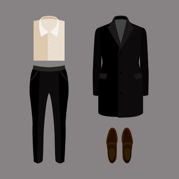Ensemble de vêtements homme tendance avec pantalon, manteau, chemise et mocassins — Image vectorielle