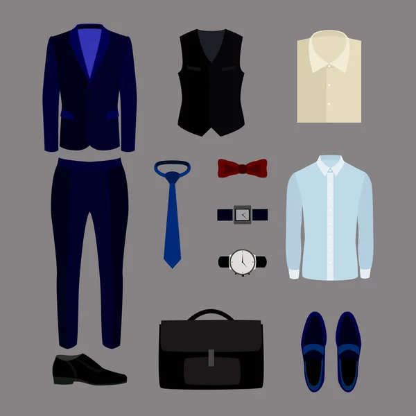 Conjunto de roupas masculinas da moda e acessórios. Roupeiro masculino —  Vetores de Stock