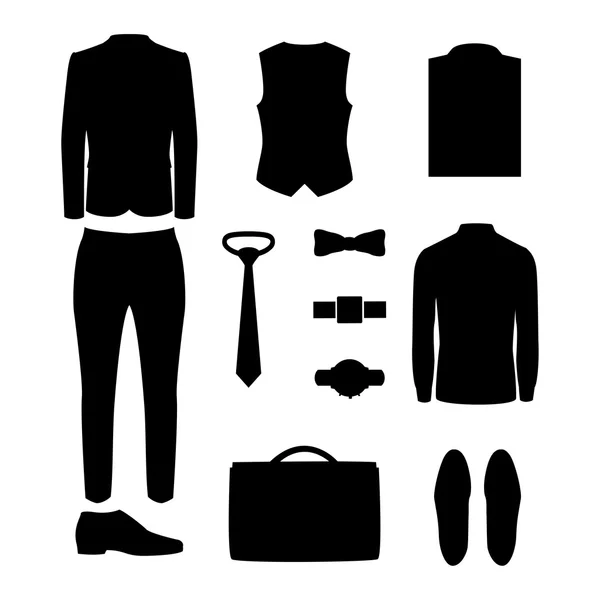 Conjunto de ropa y accesorios para hombre de moda de silueta negra. Yo. — Vector de stock