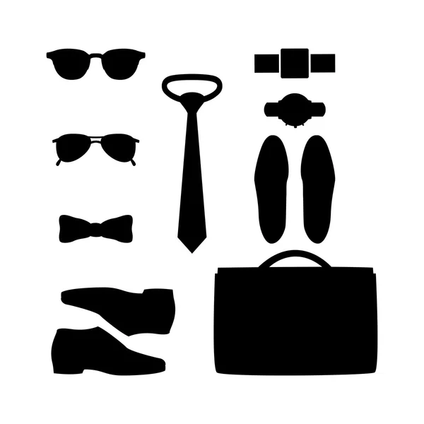 Set of black silhouette trendy men's accessories. Men's wardrobe — Stock Vector