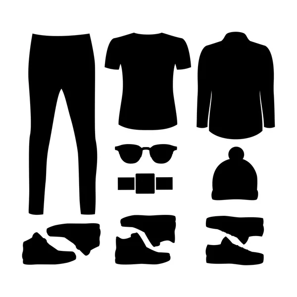 Set of black silhouette trendy men's clothes with jacket, t-shir — Stock Vector