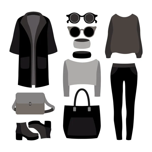 Uppsättning av svartvita trendiga damkläder med päls, byxor, p — Stock vektor