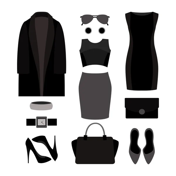 Conjunto de roupas e acessórios femininos monocromáticos da moda. — Vetor de Stock