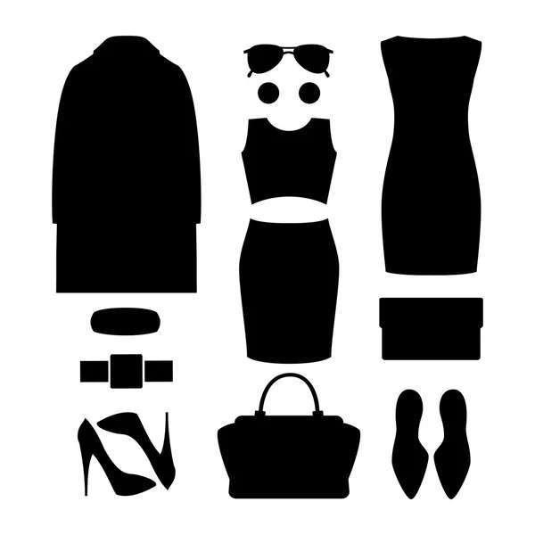 Set of black silhouette trendy women's clothes and accessories.W — Stock Vector