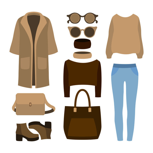 Set of  trendy women's clothes with coat, trousers, pullover and