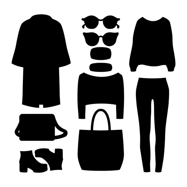 Conjunto de silueta negra ropa de mujer de moda con abrigo, pantalón — Vector de stock