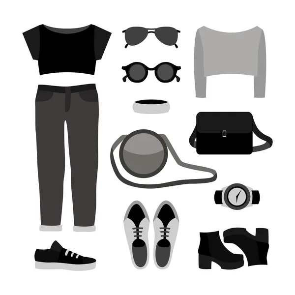 청바지, 상단, 풀로 와 흑백 트렌디 한 여성의 옷 세트 — 스톡 벡터