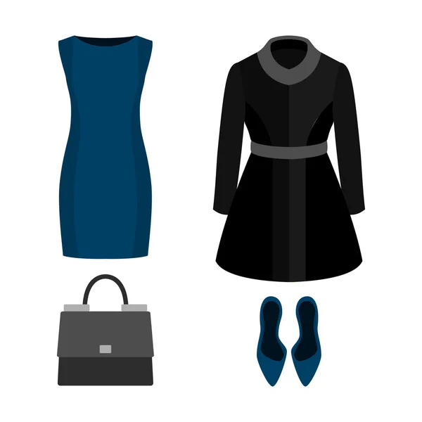Μοντέρνα γυναικεία ρούχα με παλτό, φόρεμα και αξεσουάρ. — Διανυσματικό Αρχείο