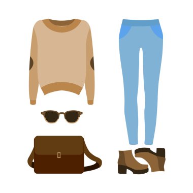 Kot pantolon, pullover ve aksesuar ile trendy kadın giysileri seti