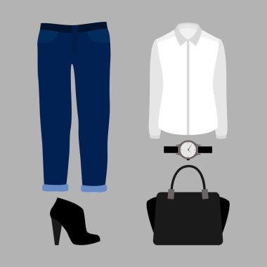 Kot pantolon, gömlek ve aksesuarları ile trendy kadın giysileri seti