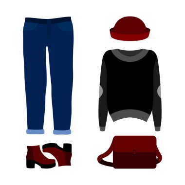 Kot pantolon, pullover, şapka ve acc ile trendy kadın giysileri seti