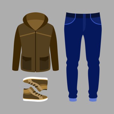 Set of trendy men's clothes with parka, jeans and sneakers. Men'