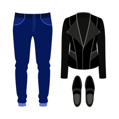 Rocker ceket, kot pantolon ve loafer ile trendy erkek giysileri seti